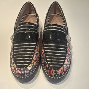 Betsey Johnson Braylon Ditsy Floral Black Patent Leather Lug Sole Loafers Size 8
